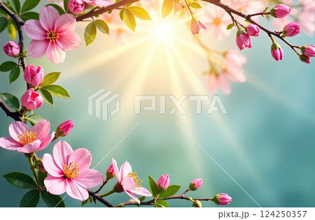 Spring themed decorative frame with text inside in sun rays, is adorned with spring pastel flowers on spring blue pastel background. AI generated 124250357