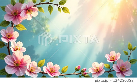 Spring themed decorative frame with text inside in sun rays, is adorned with spring pastel flowers on spring blue pastel background. AI generated 124250358