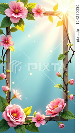 Spring themed Rectangular wooden decorative frame with text inside in sun rays, is adorned with spring pastel flowers on spring blue pastel background. AI generated 124250359