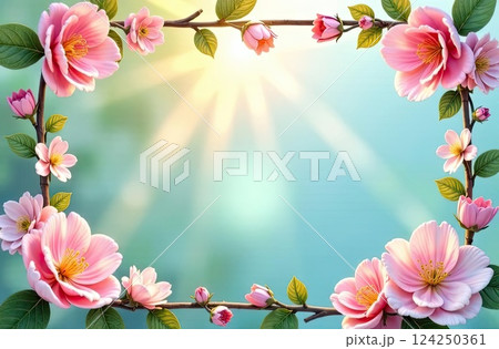 Spring themed decorative frame with text inside in sun rays, is adorned with spring pastel flowers on spring blue pastel background. AI generated 124250361