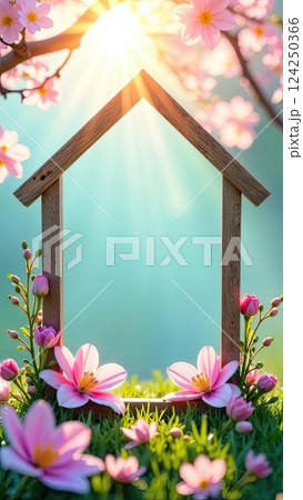 Home-shape decorative frame in sun rays, is adorned with spring pastel flowers on spring blue background. Real estate, realtor, mortgage, insurance, booking, construction, insulation. AI generated 124250366