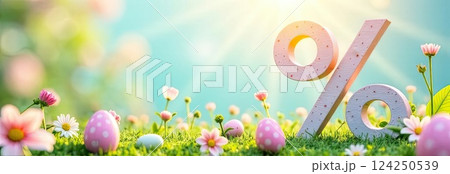 Percentage sign and Easter eggs in sun rays, is adorned with spring pastel flowers. Spring sale and discounts Easter banner, flyer with copy space. AI generated Percentage sign and Easter eggs in sun rays, is adorned with spring pastel flowers. Spring sale and discounts Easter banner, flyer with copy space. AI generated 124250539