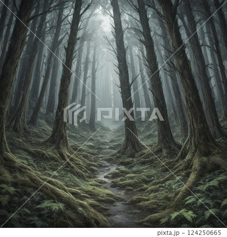 霧に包まれる森 124250665