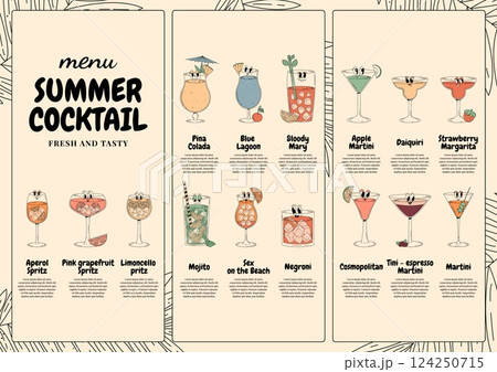 Retro groovy summer cocktail characters. Menu with cute alcohol beverage martini, aperol spritz, margarita and other. Vector illustration for bar, pub, club, cafe 124250715