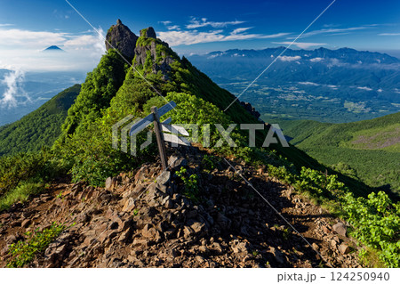 八ヶ岳連峰・権現岳山頂の岩峰と富士山・南アルプスの眺め 124250940