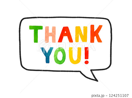 Thank you（サンキュー）のかわいい手書き文字・吹き出し　手描き水彩イラスト素材 124251107