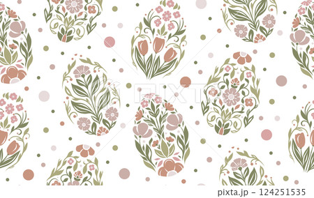 Vector decorative pattern with Easter eggs in folk art style with polka dot background. Tracery festive texture with eggs in pastel colors. 124251535