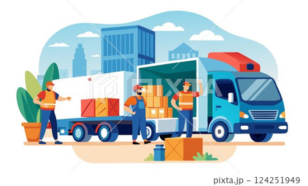 Truck Drivers load and unload cargo, secure it properly, and inspect the truck before and after each trip to ensure safe operation. 124251949