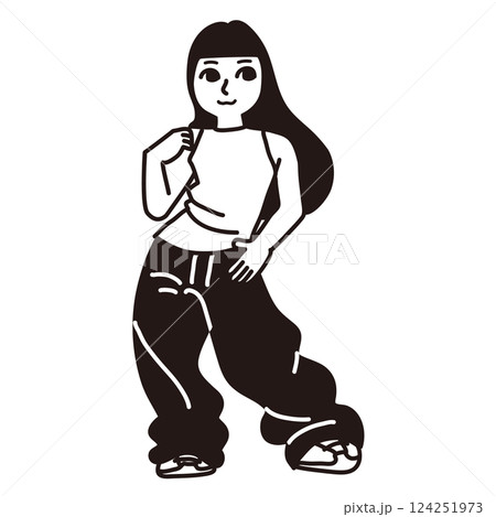 ヒップホップ　女性　線画　　ベクター 124251973