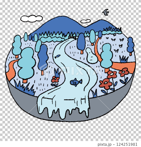 山　川　自然　手描き線画　ベクター 124251981