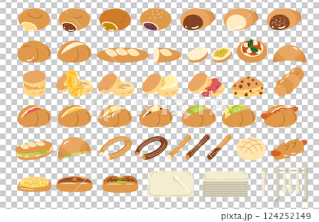 いろんなパンのイラストセット いろんなパンのイラストセット 124252149