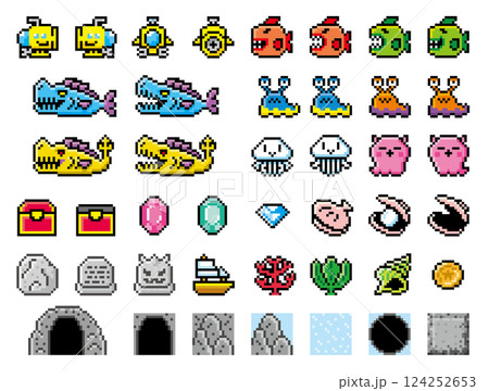 探検ゲーム風ドット絵 海 潜水艦セット 探検ゲーム風ドット絵 海 潜水艦セット 124252653