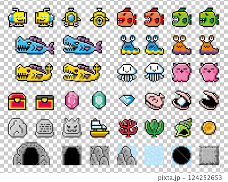 Exploration game style pixel art sea submarine set Exploration game style pixel art sea submarine set 124252653