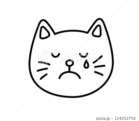 Cute doodle cry cat face icon. Sad crying cat. Kitty kawaii emoji. Hand drawn animal emoticon. Expression kitty head. Bad mood. Vector illustration isolated on white background 124252758