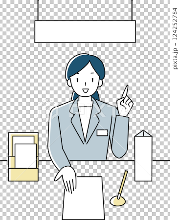 一位女士在櫃檯解釋如何填寫文件 一位女士在櫃檯解釋如何填寫文件 124252784