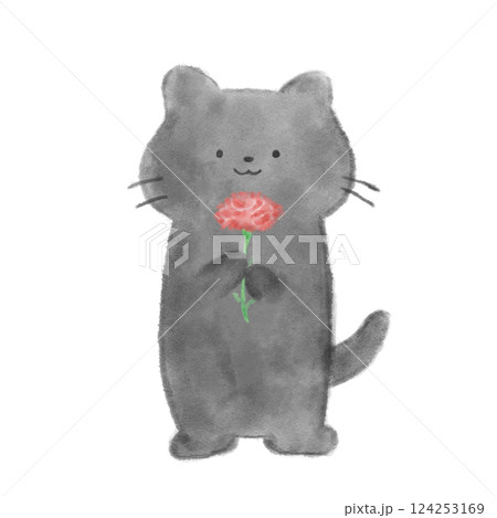 カーネーションを持った黒猫 124253169