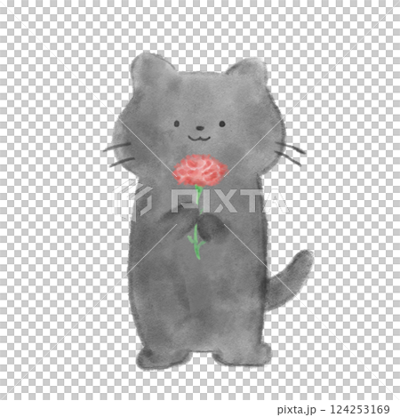 カーネーションを持った黒猫 124253169