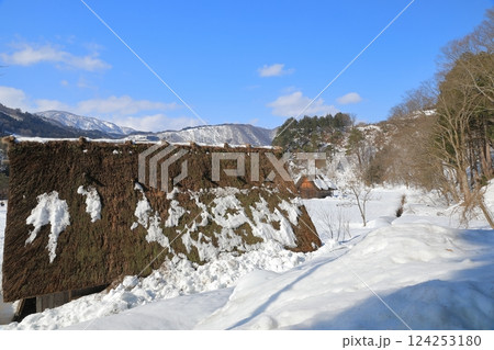 白川郷合掌の里の雪原に建つ合掌造りの家の景色 124253180