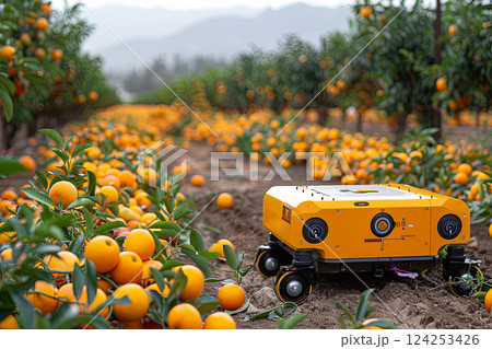 Robot is standing in the garden among fallen oranges 124253426