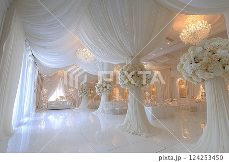 Large room with white drapes and flowers, decorated for wedding 124253450