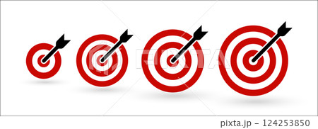 Red targets with black arrows, symbolizing focus, success, progress, goal achievement. Icon for business infographic, sport competitions, leadership logo, strategic planning. Flat vector illustration 124253850