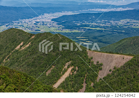 八ヶ岳連峰・キレットへの縦走路から見る諏訪湖と阿弥陀岳南稜 124254042