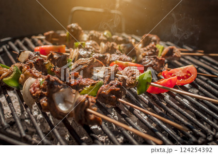 Roast beef skewers on a grill, Roast beef skewers grilling on a grill, Roast beef concept Roast beef skewers on a grill, Roast beef skewers grilling on a grill, Roast beef concept 124254392