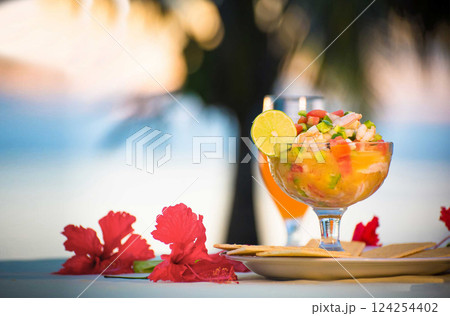 Nicaraguan food, shrimp ceviche with fruit cocktail drink, Nicaraguan palate 124254402