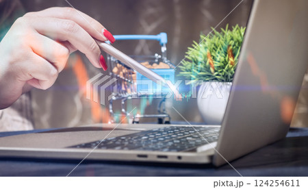 Digital workspace for real estate search and e-commerce with hand using stylus on shopping cart icon, laptop with network graphics 124254611