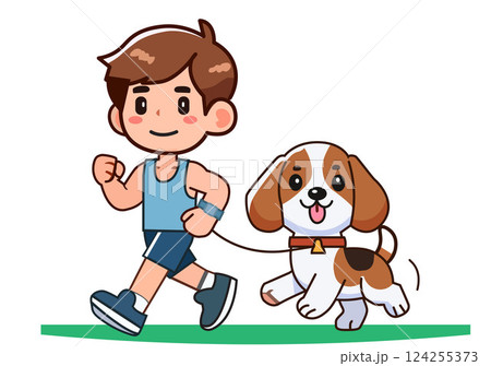 A young man walks his cute dog. A young man walks his cute dog. 124255373