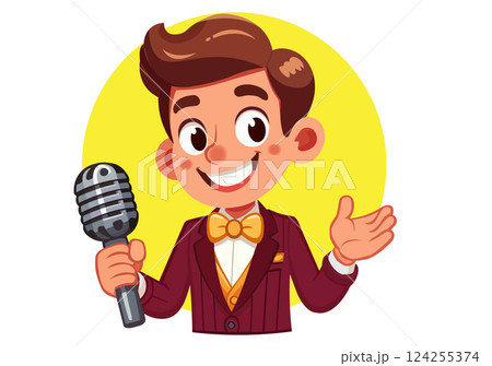 A young man in a bright suit stands holding a microphone and sings. 124255374