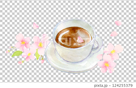 水彩イラスト　桜の季節のカフェタイム 124255379