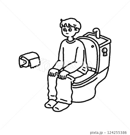 トイレ・便座に座っている男性　線画 124255386