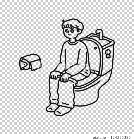 トイレ・便座に座っている男性　線画 124255386