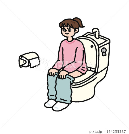 トイレ・便座に座って踏ん張る女性 トイレ・便座に座って踏ん張る女性 124255387