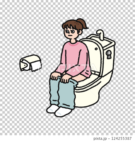 トイレ・便座に座って踏ん張る女性 トイレ・便座に座って踏ん張る女性 124255387