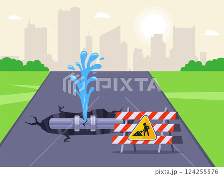 water pipe break on city road. 124255576