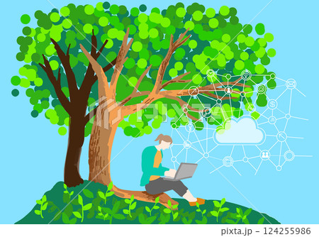 新時代の働き方、自然の中でnetで仕事をする女性 新時代の働き方、自然の中でnetで仕事をする女性 124255986