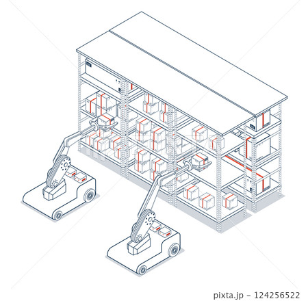 Autonomous robotic arm handling cardboard boxes in warehouse operations. 124256522