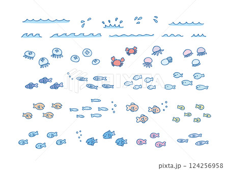 シンプルでかわいい手描きの海の生き物　装飾イラストセット　魚　クラゲ　カニ　カラフルな海洋生物　波 124256958