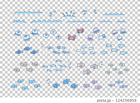 シンプルでかわいい手描きの海の生き物　装飾イラストセット　魚　クラゲ　カニ　カラフルな海洋生物　波 124256958