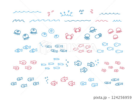 シンプルでかわいい手描きの海の生き物 装飾イラストセット 魚 クラゲ カニ 海洋生物 線画 波 シンプルでかわいい手描きの海の生き物 装飾イラストセット 魚 クラゲ カニ 海洋生物 線画 波 124256959