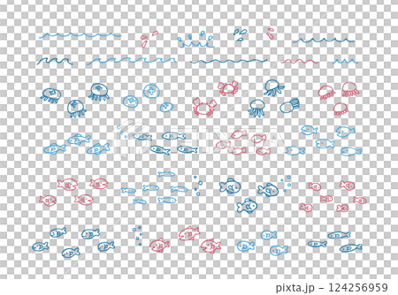 シンプルでかわいい手描きの海の生き物 装飾イラストセット 魚 クラゲ カニ 海洋生物 線画 波 シンプルでかわいい手描きの海の生き物 装飾イラストセット 魚 クラゲ カニ 海洋生物 線画 波 124256959