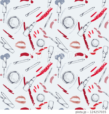Make-up lipstick, gloss balm moisturizer, powder palette, contour pencil, kiss smudge. Isolated seamless pattern, detailed vector sketch hand drawn in ink. Beauty parlor illustration, cosmetic shop Make-up lipstick, gloss balm moisturizer, powder palette, contour pencil, kiss smudge. Isolated seamless pattern, detailed vector sketch hand drawn in ink. Beauty parlor illustration, cosmetic shop 124257035