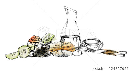 Traditional Japanese food, gunkan nigiri sushi raw fish salmon caviar tamagoyaki, cucumber slices, soy sauce jar, chopsticks, hand drawn in watercolor, ink. Restaurant, cafe menu, kitchen, recipe book 124257036