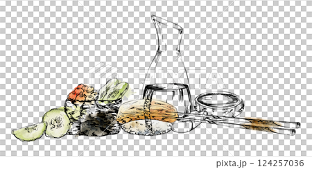 Traditional Japanese food, gunkan nigiri sushi raw fish salmon caviar tamagoyaki, cucumber slices, soy sauce jar, chopsticks, hand drawn in watercolor, ink. Restaurant, cafe menu, kitchen, recipe book 124257036