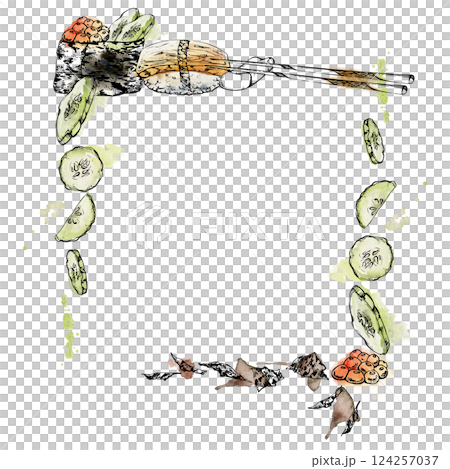 Traditional Japanese food, gunkan nigiri sushi raw fish salmon caviar tamagoyaki, cucumber slices, nori flakes, chopsticks, hand drawn in watercolor, ink. Frame for restaurant, cafe menu, recipe book 124257037