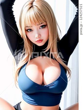 スポーツクラブで自撮りする若い女性　フィットネスファン 　ヨガをする女性　[AI生成画像] 124257321