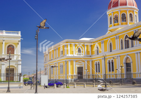 Closeup of the Cathedral of Granada Nicaragua, architectural design of a colonial cathedral, architecture of a domed cathedral 124257385