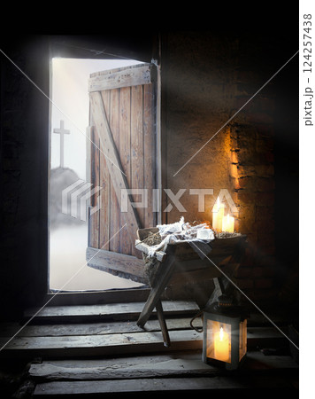 Manger with straw. Christmas background 124257438